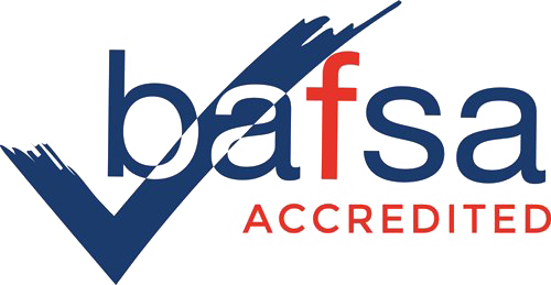 Logo of BAFSA Accredited. The design features a stylized blue check mark that intersects the lowercase blue letters bafsa, with the f in red. The word ACCREDITED is written in red below.