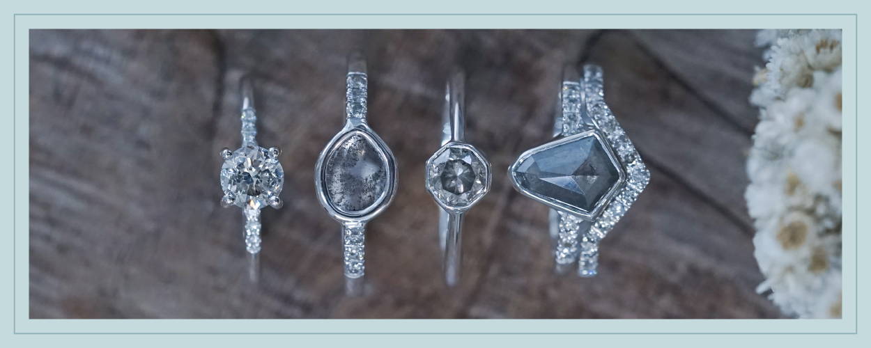 white gold rings by ethical jewelry gardens of the sun