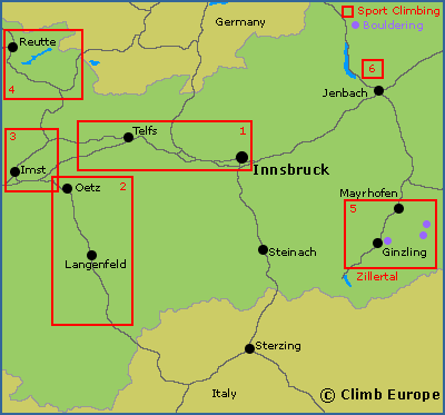 Map of the main rock climbing areas around Innsbruck and Western Austria