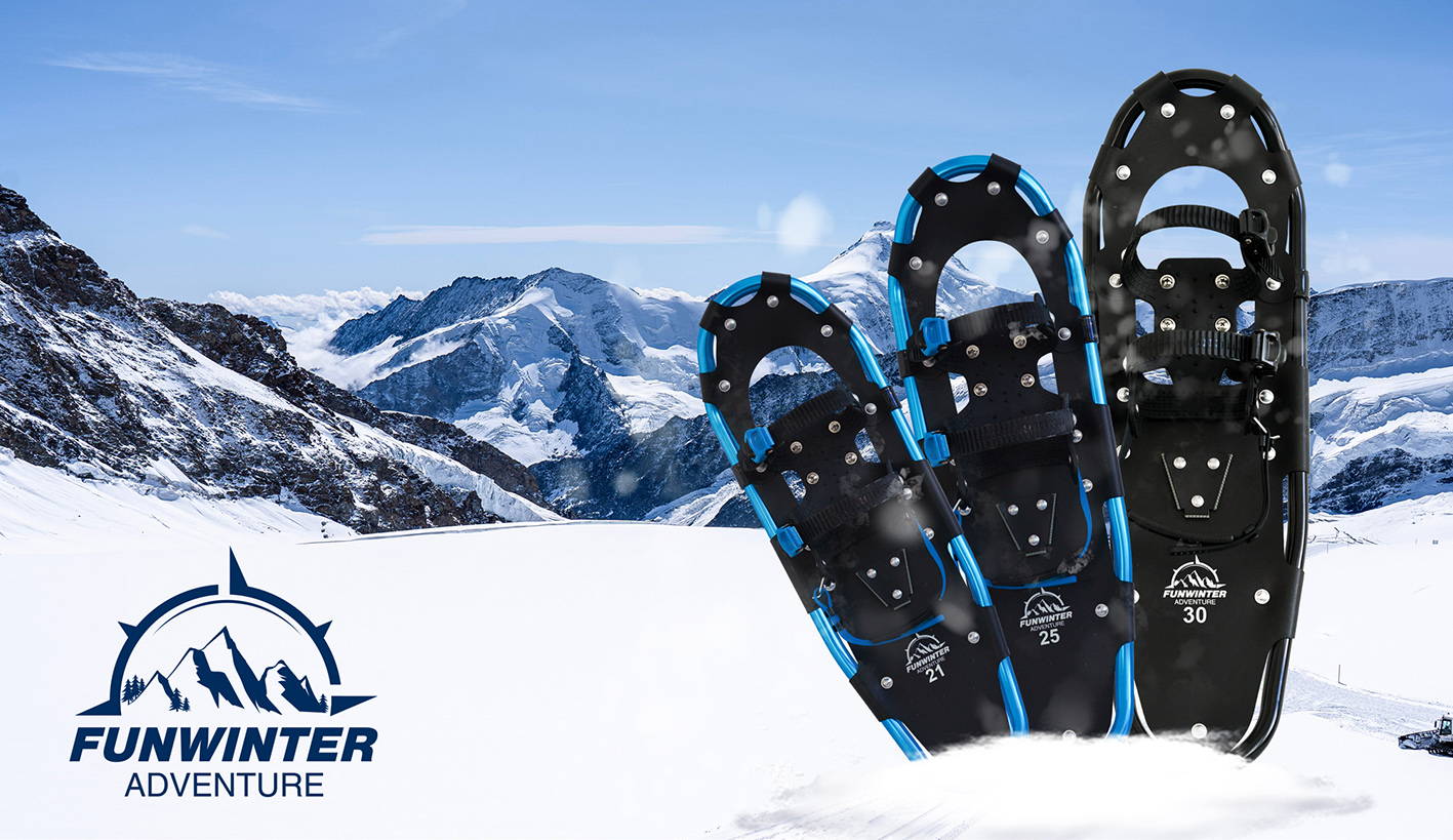 Three size images of Funwater men’s blue snowshoes