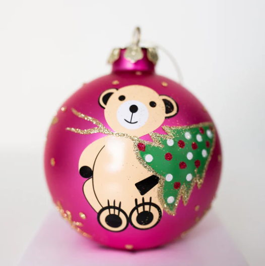 Pink Hand Painted Glass Teddy Bear Bauble 100mm