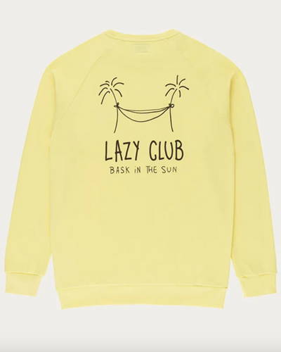 Back of yellow organic cotton mens sweatshirt with palm tree black line printed illustration on reverse