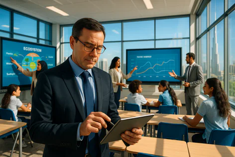 A man uses a tablet in a modern classroom. Behind him, teachers use large screens to educate students on ecosystems and data, with city buildings visible.