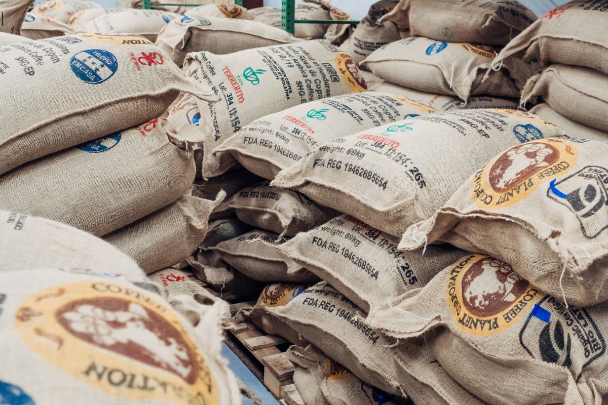 Burlap coffee sacks in storage