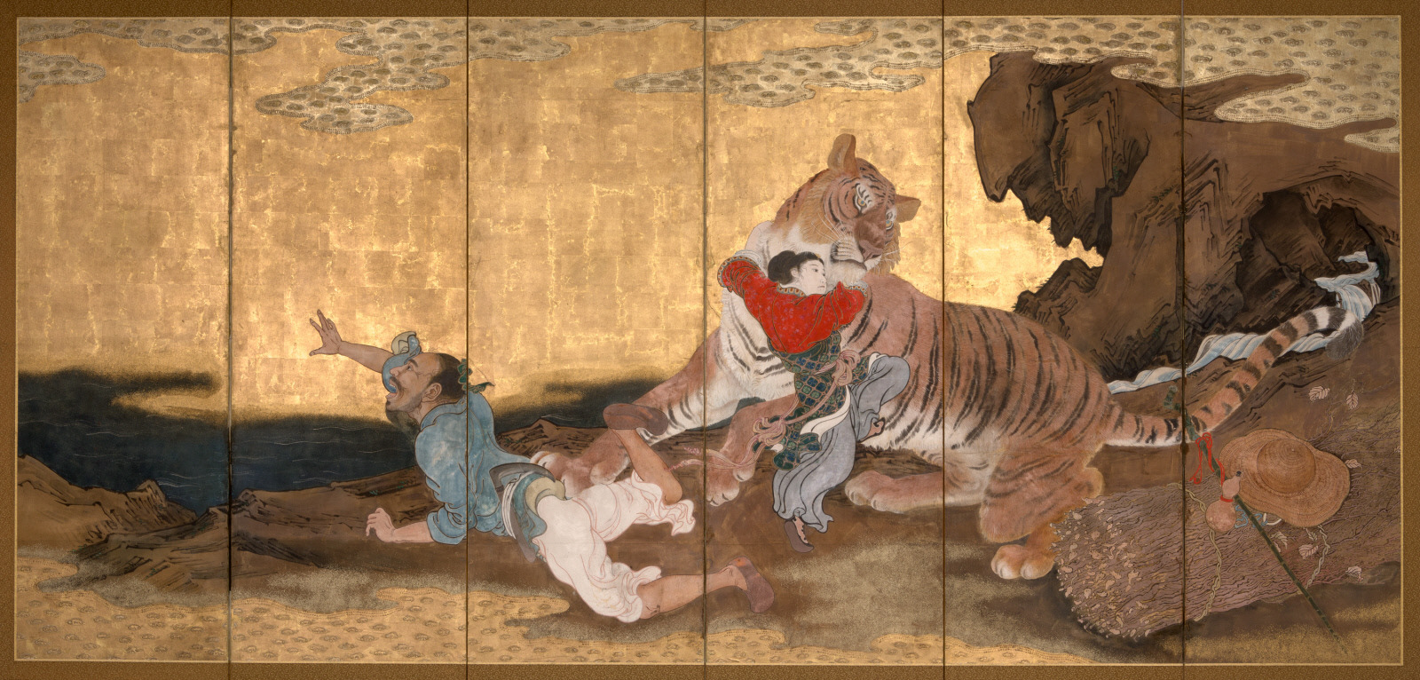 Screen depicting a Tiger. Japanese, 19th century. Ink, mineral pigments, and gold on silk. 71 3/8 x 140 x 1 in. (181.3 x 355.6 x 2.5 cm). Gift of Lenora and Walter F Brown, 2013.38.263.b.