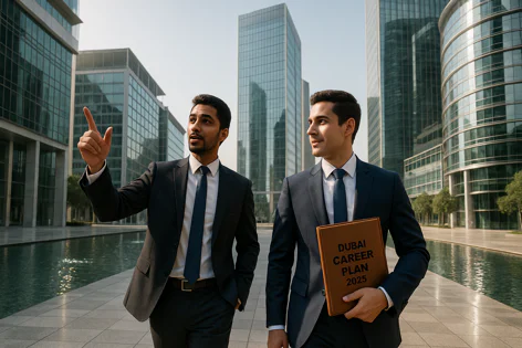 Two businessmen in suits walk past modern glass buildings in Dubai. One points ahead, while the other holds a folder labeled "Dubai Career Plan 2025".