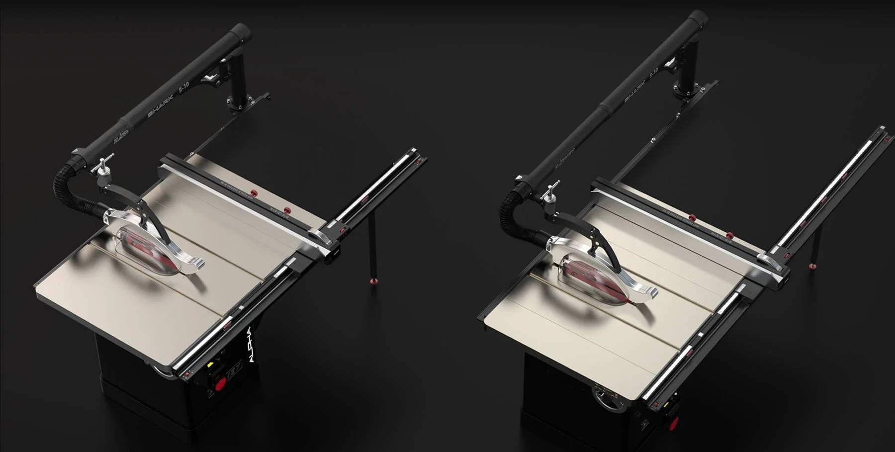 universal overhead guard table saw accessory Shark S10 attached to HW110S-3Pro and HW110S-52Pro table saws side by side comparison