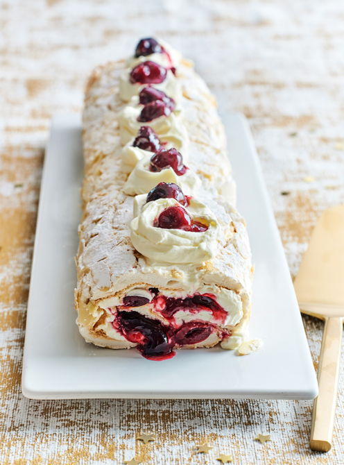 Pavlova Yule Log with Cherries and Almond Crème Anglaise