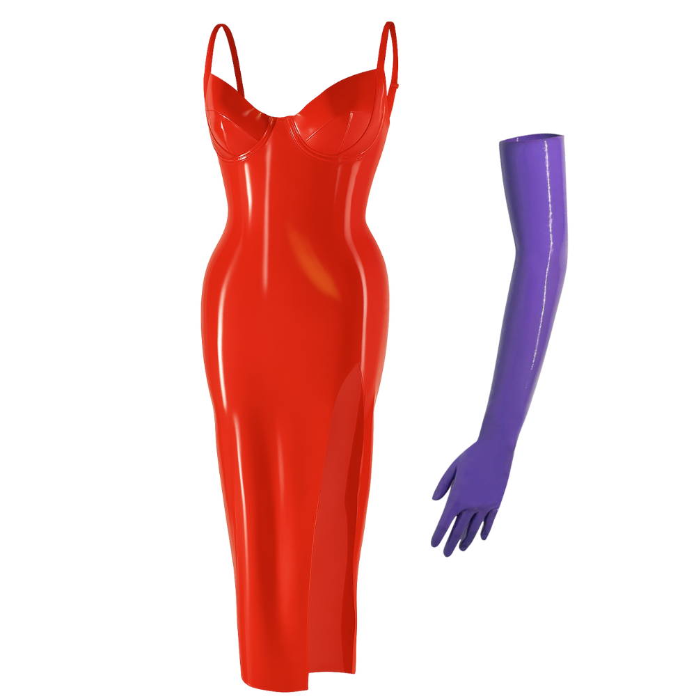 Red latex slip dress with spaghetti straps and matching purple gloves by Vex Clothing.