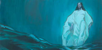 Painting of Jesus crossing uneven water. 