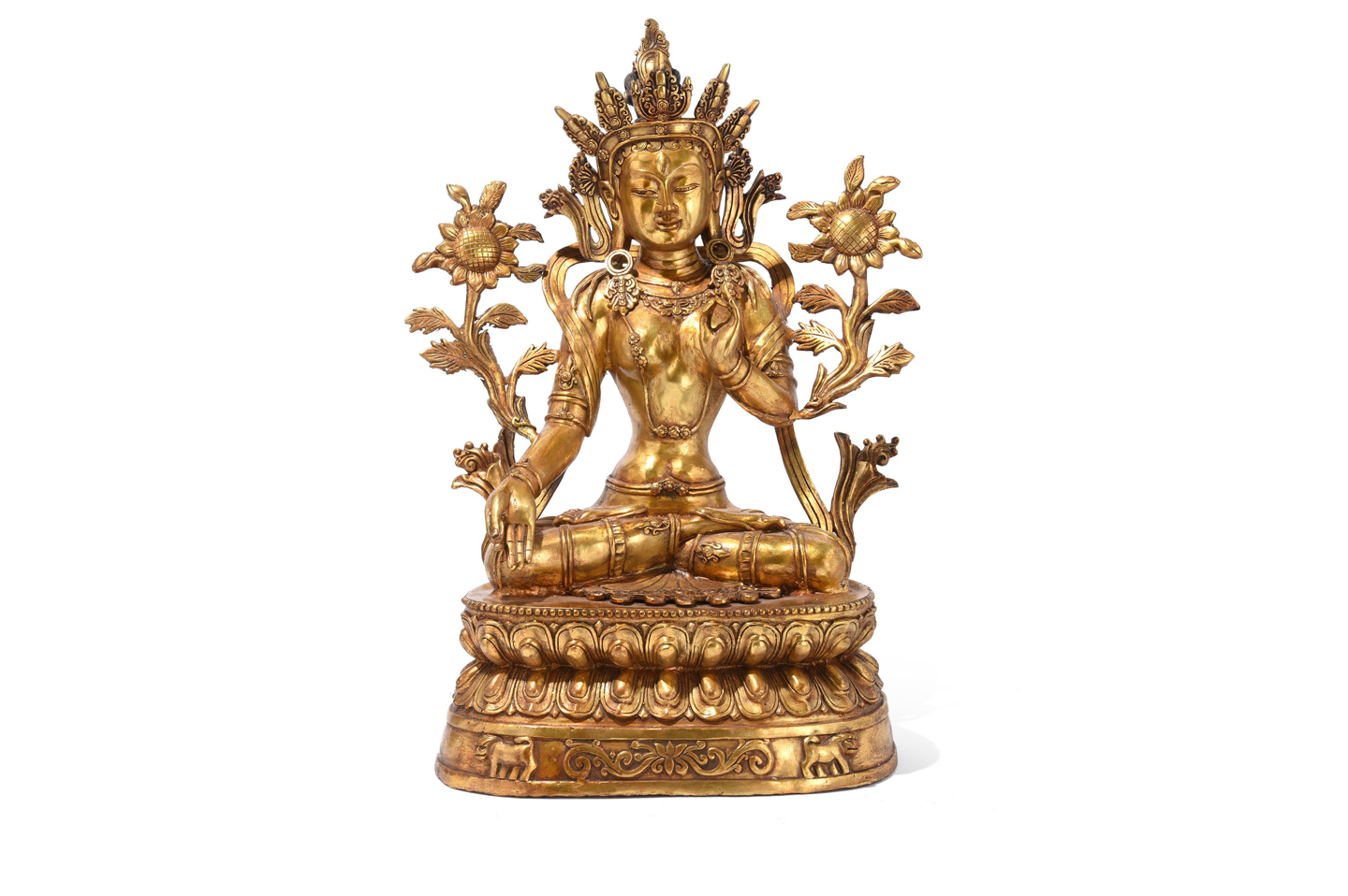 A statue of the Tibetan goddess Tara in Gilt Bronze. Tara, known as Jetsun Dolma in Tibetan Buddhism, is a female Bodhisattva in Mahayana Buddhism. Known as the mother of liberation, she represents the virtues of success in work and achievements. Tara is also known as Tara Bosatsu in Japan and occasionally as Duoluo Pusa in Chinese Buddhism.
