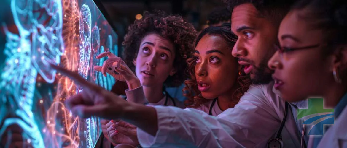 Medical professionals amazed by an AR hologram, indicating innovation