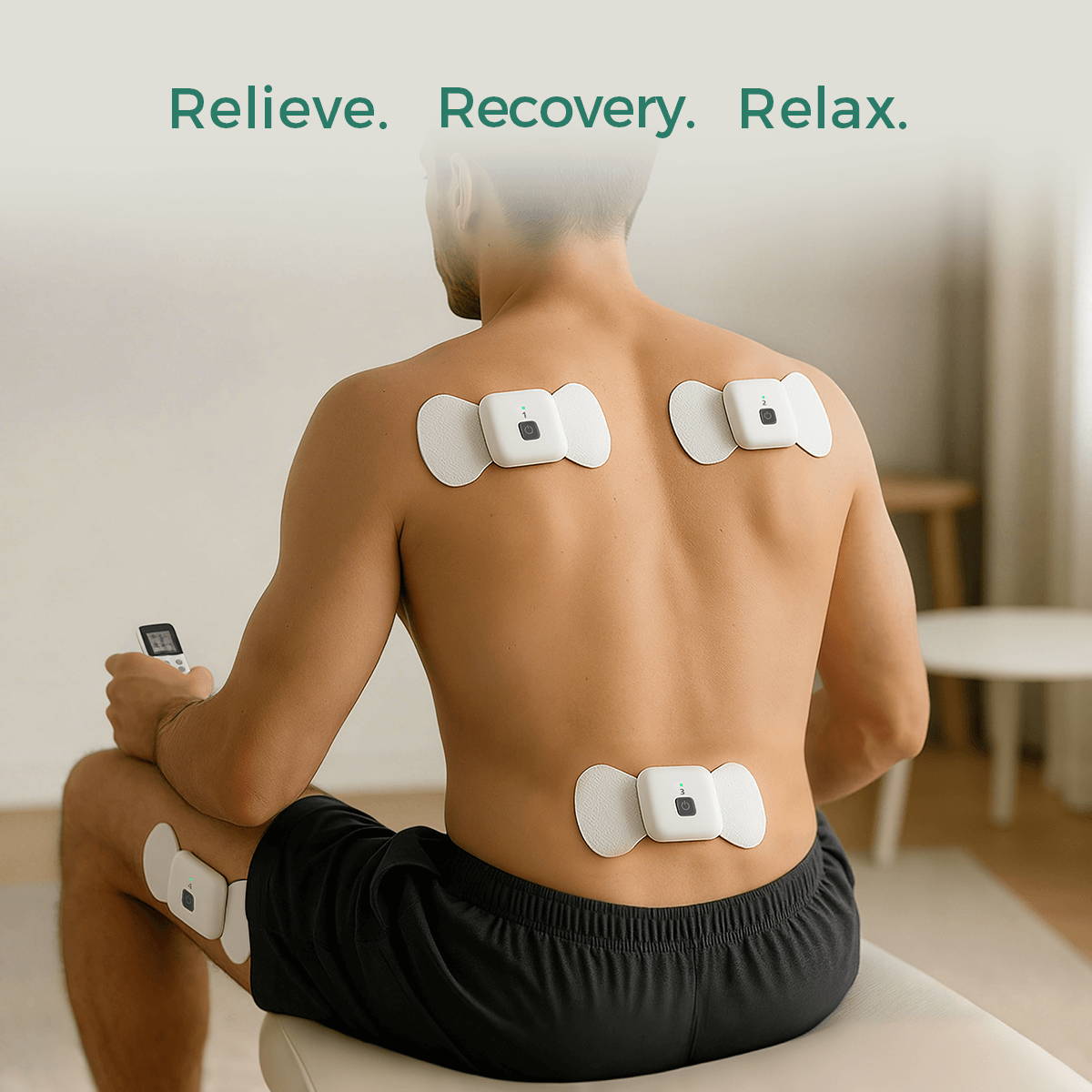 Man using four wireless Wellue TENS therapy pods on his back and legs for muscle relaxation and pain relief
