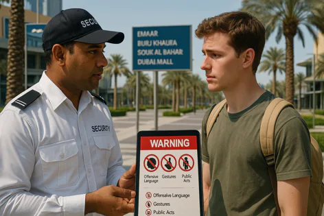 Security guard shows a young man a warning sign displaying prohibited actions like offensive language, gestures, and public acts outdoors.