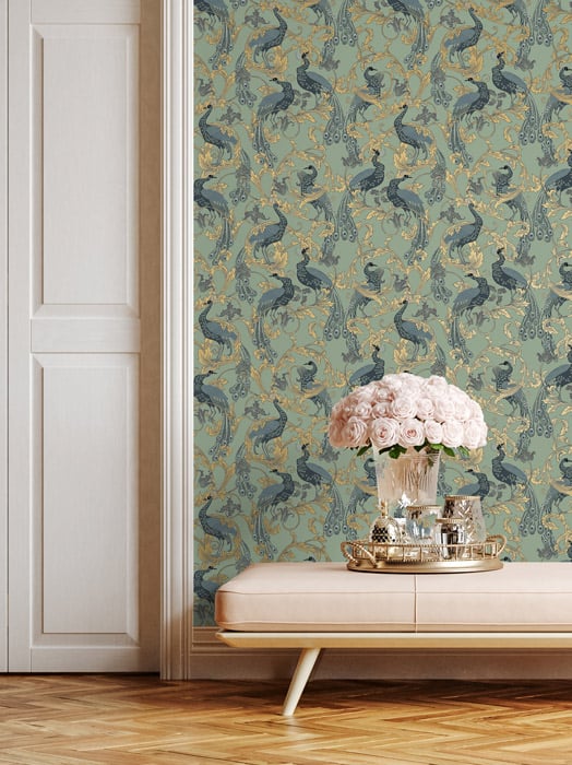 Green & Gold Vintage Peacock Wall Mural Pistachio - Feathr Wallpapers