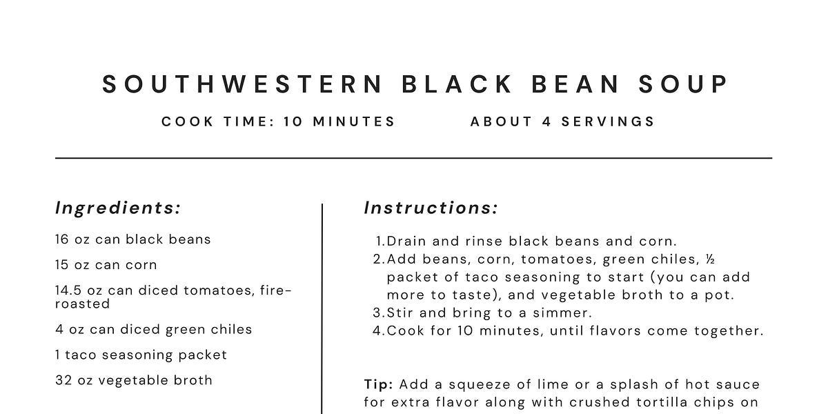 Meal in a Bag Kit: Southwestern Black Bean Soup - by Kylie Sakaida