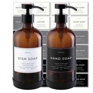 16oz Glass Soap Dispenser with Stainless Steel Pump, 21 Waterproof Labels, Non-Slip Protective Silicone Pad, Set of 2 for Bathroom & Kitchen (Amber Bottle/Black Pump)