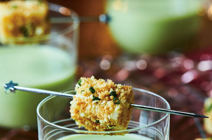 Verrines de lait de poireau et fromage croustillant