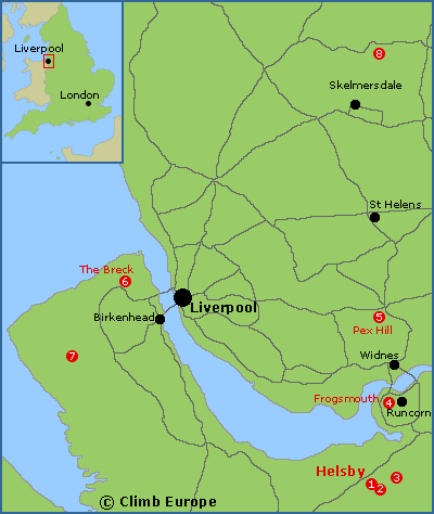 Map of the main Trad climbing, sport climbing and bouldering areas in Cheshire and Merseyside