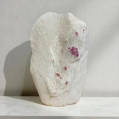 Red Spinel Crystal On White Marble Mineral