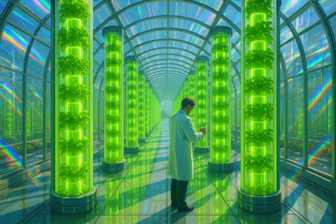 A scientist stands in a futuristic indoor farm with glowing green vertical plant growth towers, checking a device. Rainbow light shines through the glass roof.