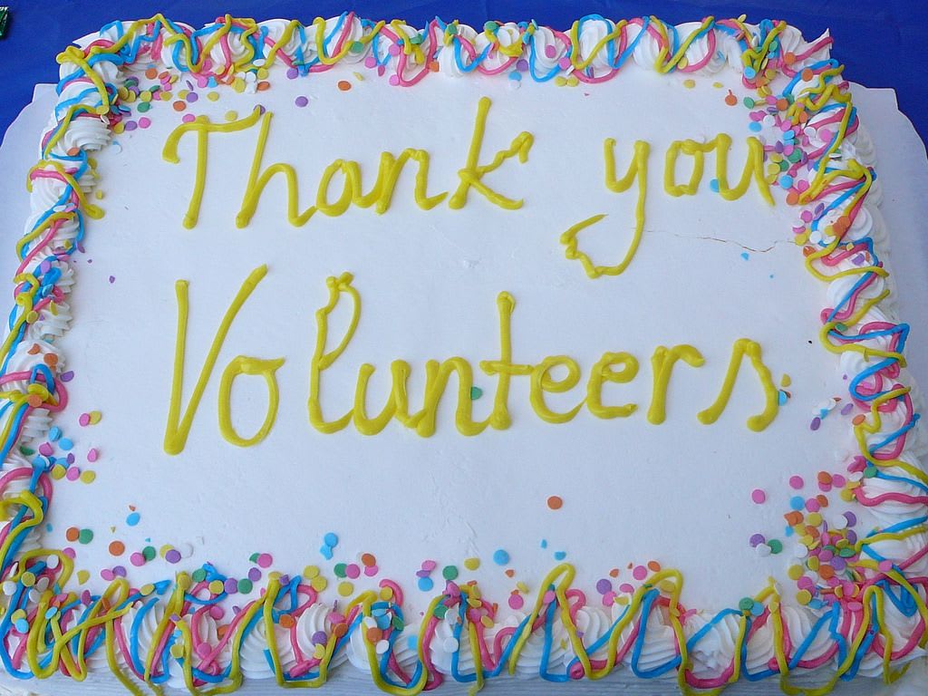 A cake with the word volunteers written in icing