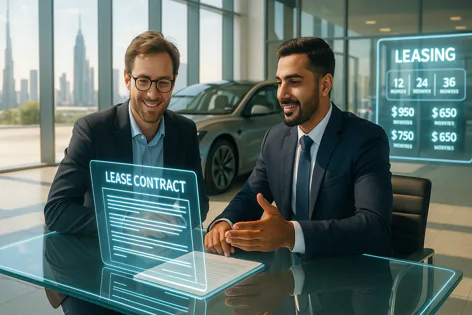 Two men discuss a holographic lease contract at a car dealership desk. A digital display shows car leasing options and prices.
