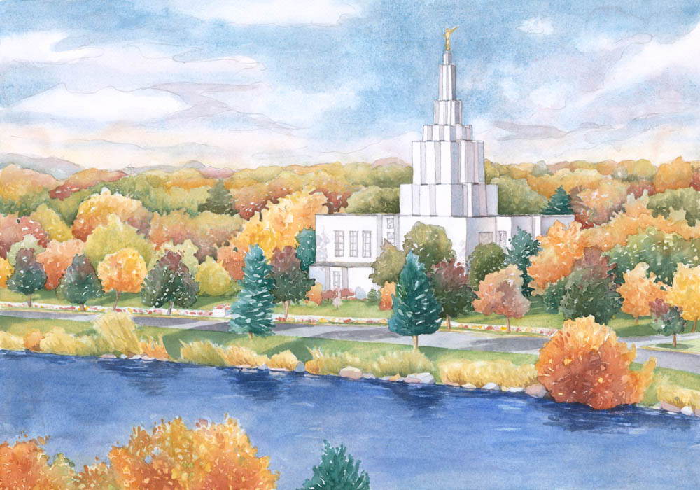 Detailed painting of Idaho Falls Temple surrounded by trees standing next to a river.