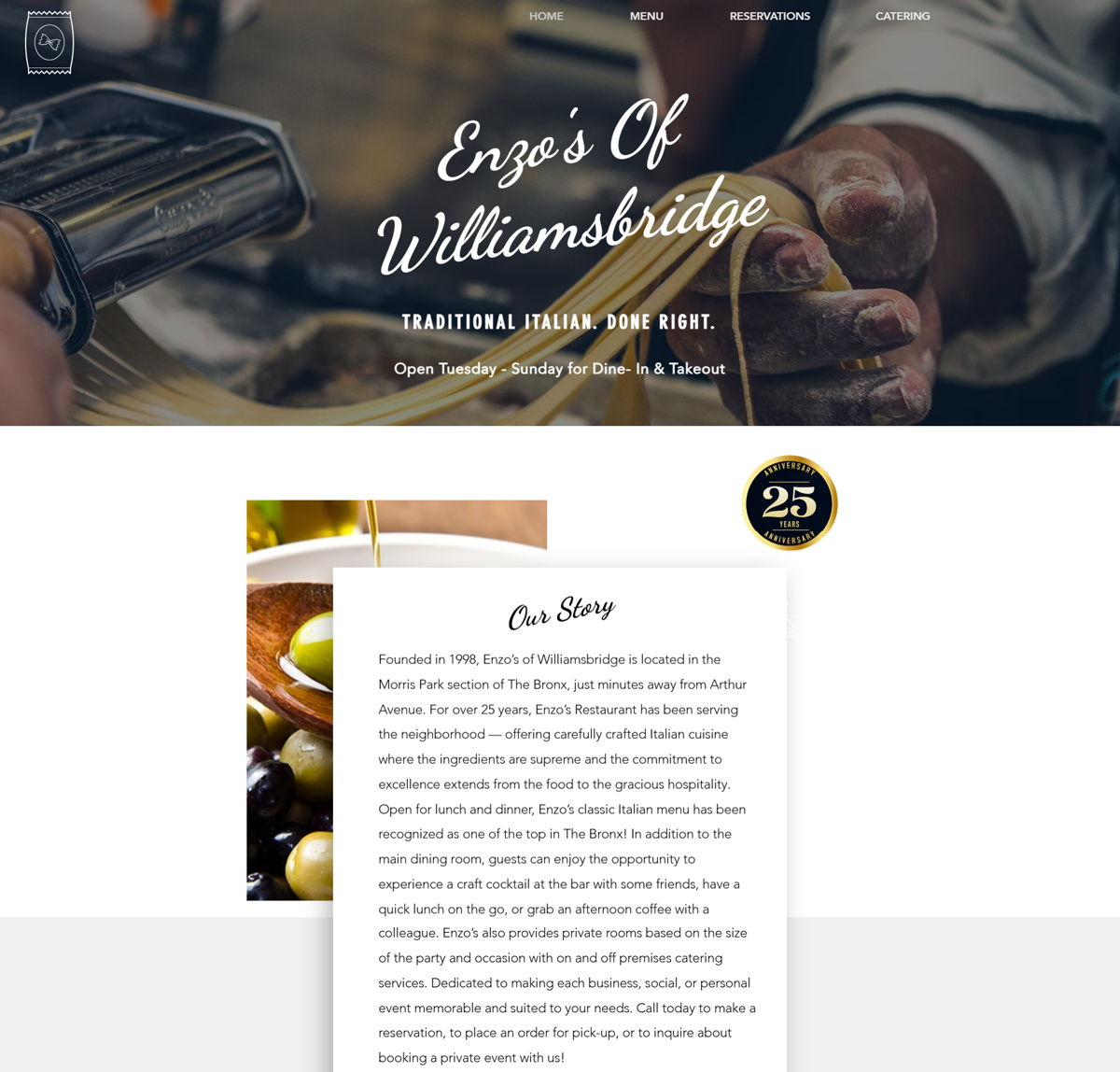 Screenshot of Enzo's Of Williamsbridge, from the wix restaurant website examples collection.