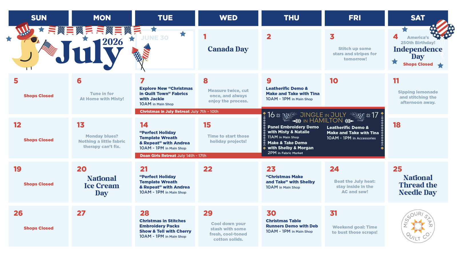 July 2026 Hamilton Mo events Calendar Missouri Star
