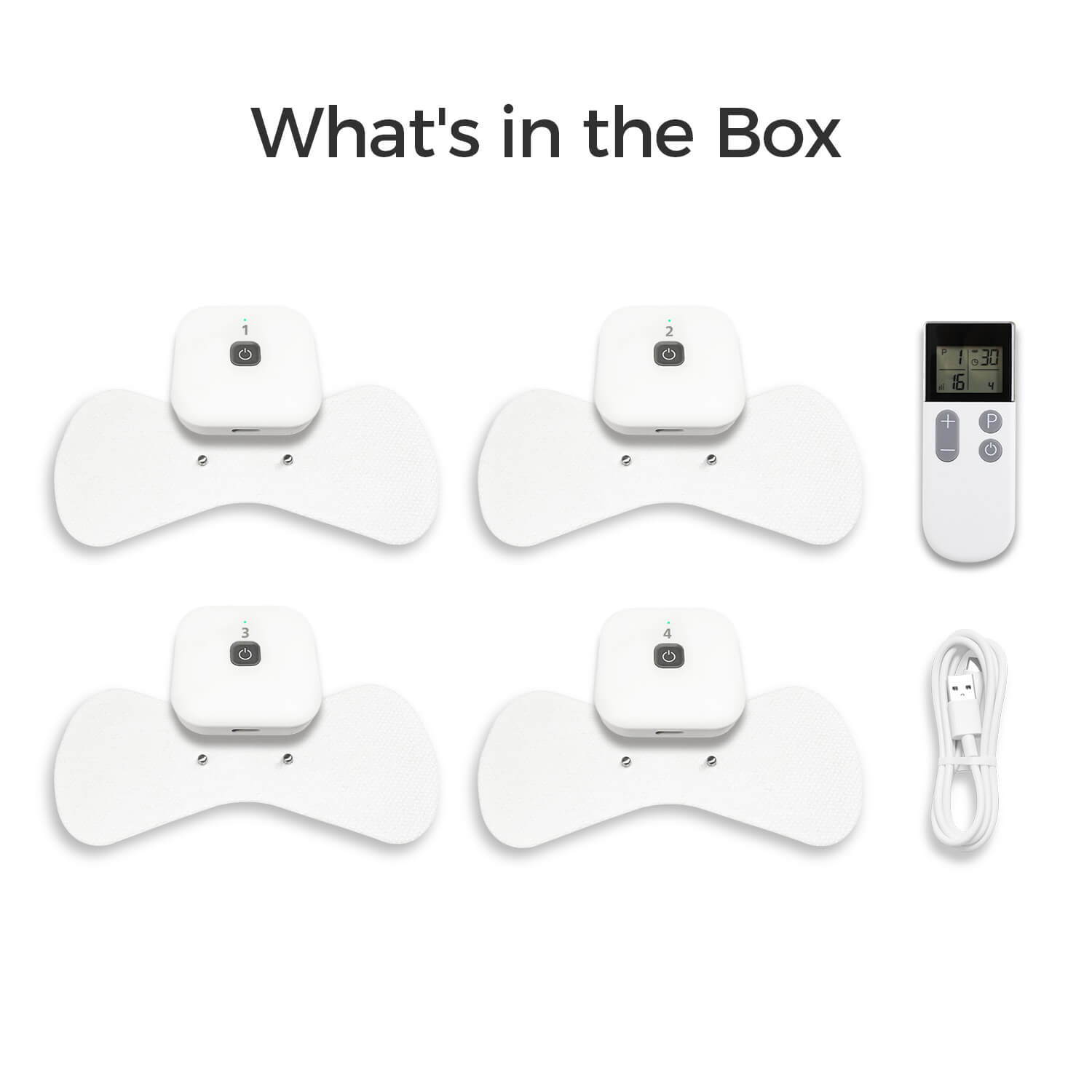 Complete Wellue Cable-Free TENS Therapy Device set including four wireless pods, reusable electrode pads, handheld remote control, USB-C charging cable, and user manual