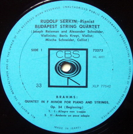 Columbia / BUDAPEST QT-SERKIN, - Brahms Piano Quintet, ...