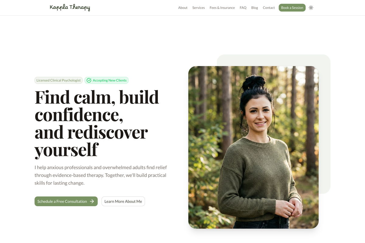 Aurora website template for therapists - professional practice homepage with credentials and calming design