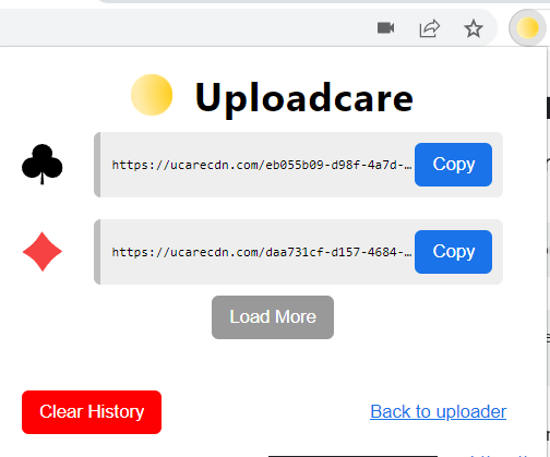 List of files previously uploaded through tthe Uploadcare Chrome extension, containing links to them on Uploadcare CDN
