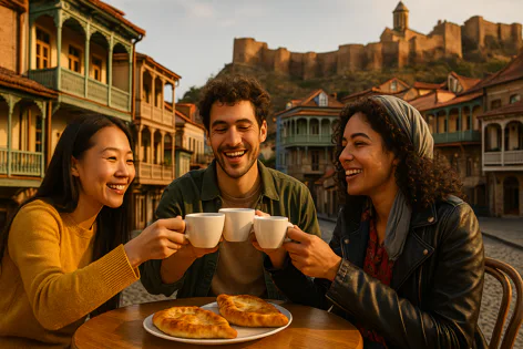 Three happy friends toast with coffee cups at an outdoor cafe table with pastries in the foreground. Behind them are traditional buildings and a distant fortress on a hill.
