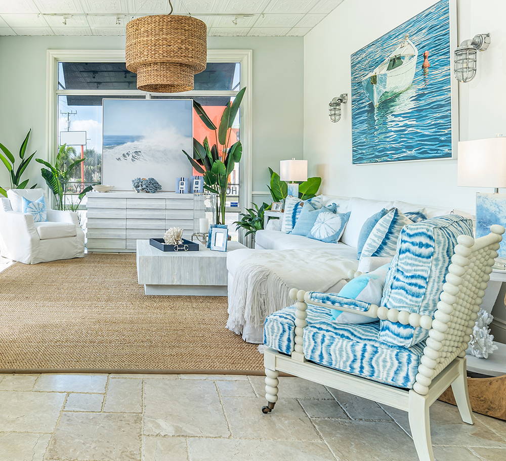 Marinique Spindle Chair in white finish and Blue Watery Striped Fabric Column