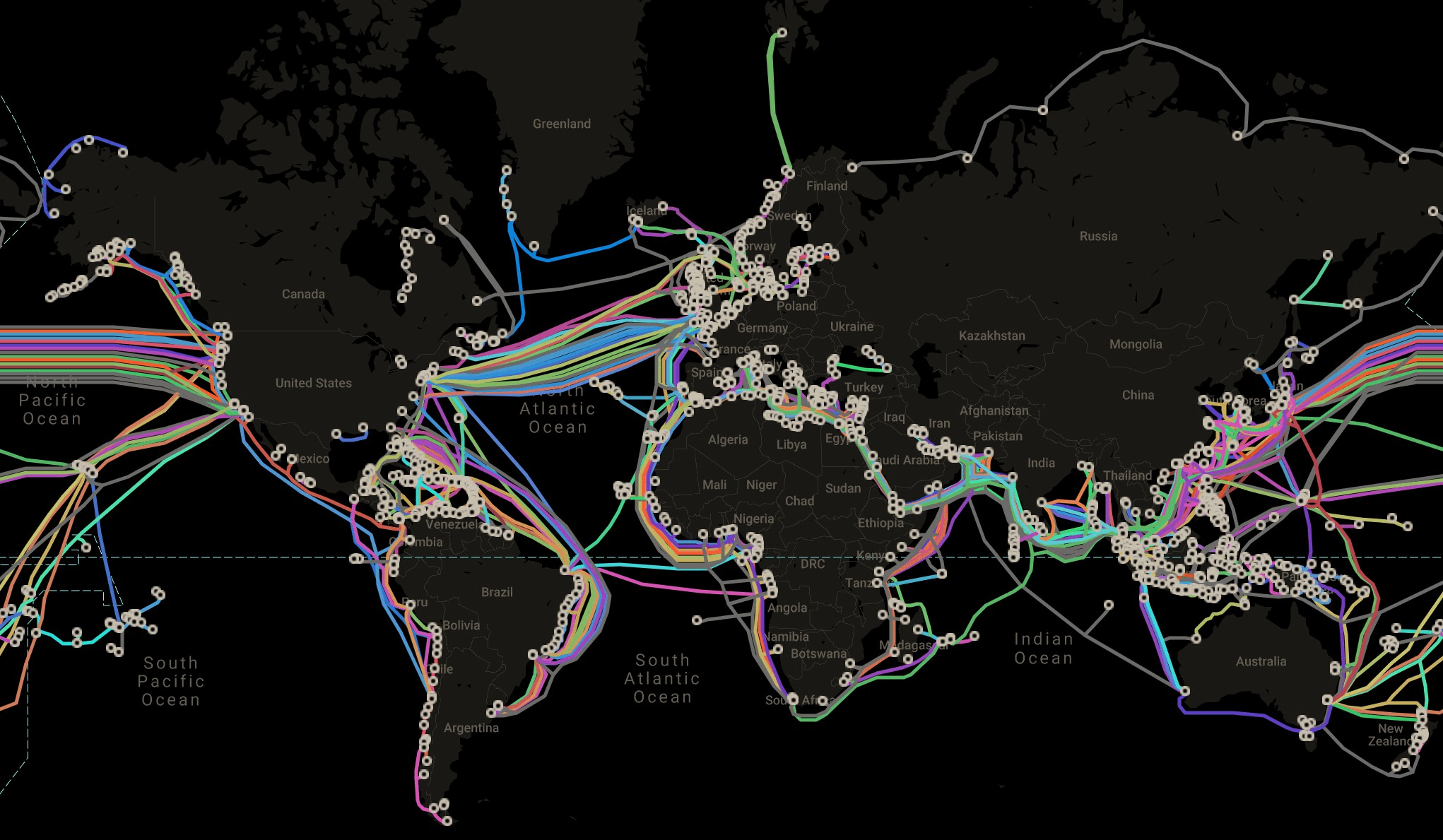 World map with a lot of color lines on it representing undersea cables