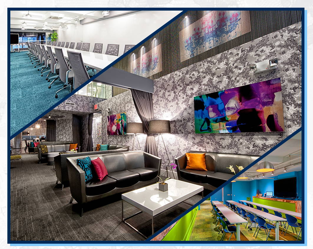 an event space with modern furniture including sofas, conference tables and chairs equipped for events, conferences and training sessions