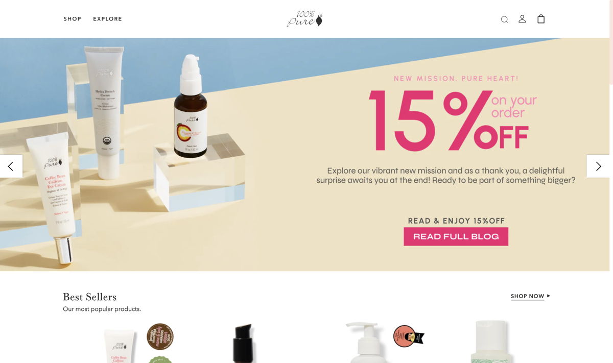Screenshot of 100% Pure, from the ecommerce websites collection.