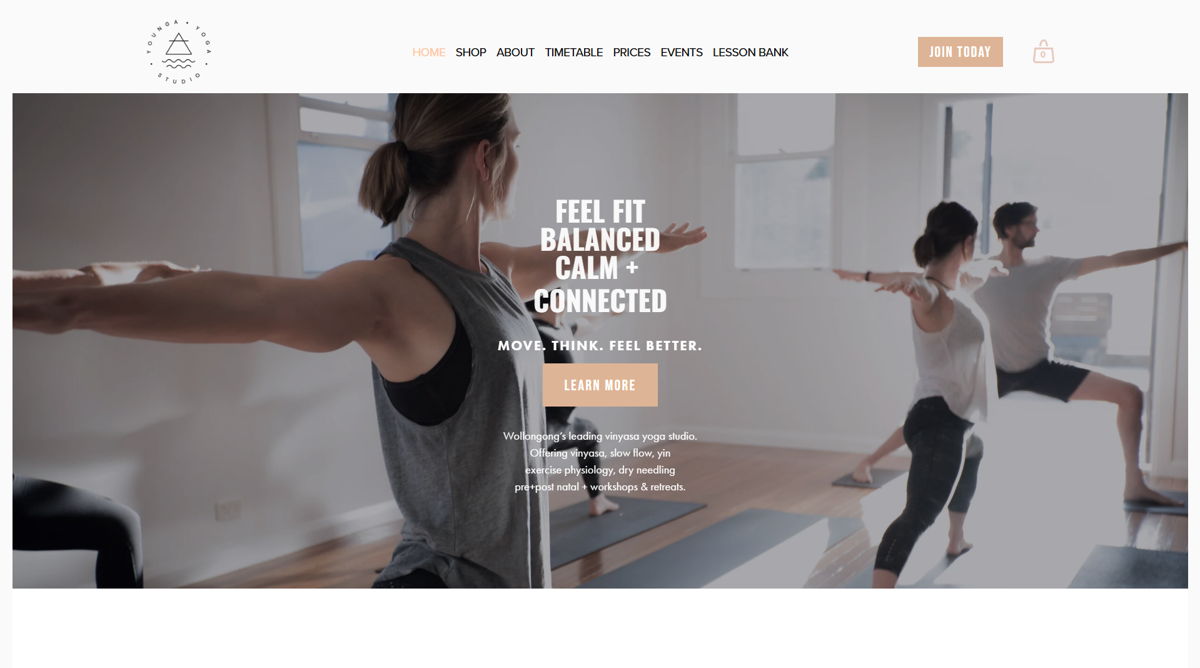 Screenshot of younga yoga studio, from the squarespace yoga websites collection.
