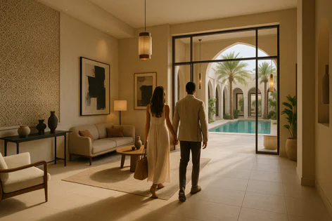 A couple holds hands while walking from a luxurious villa interior towards an outdoor pool patio featuring palm trees and arched architecture.