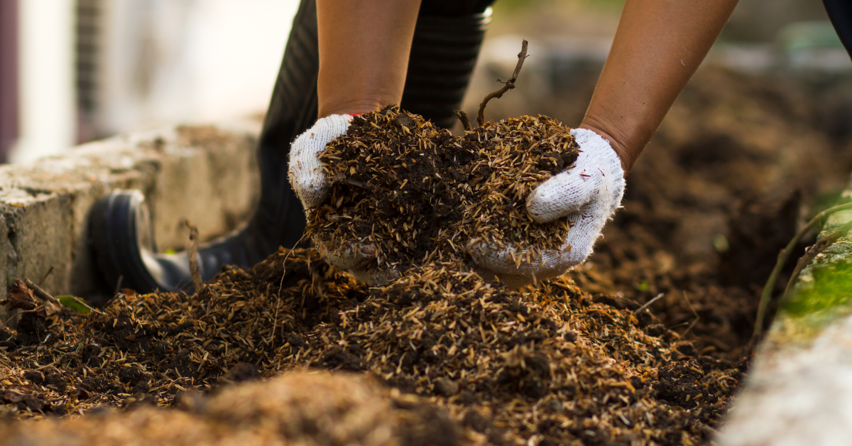 Gloved hands amending soil