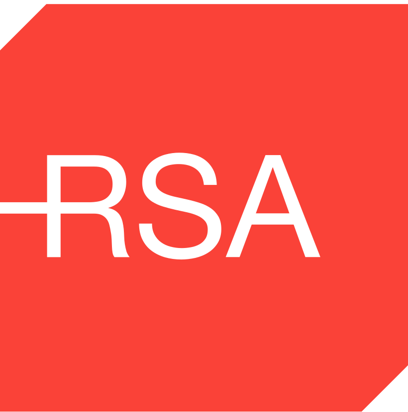 Red abstract shape with the white letters RSA in the center. The left edge of the shape features a white horizontal line intersecting the letter R.