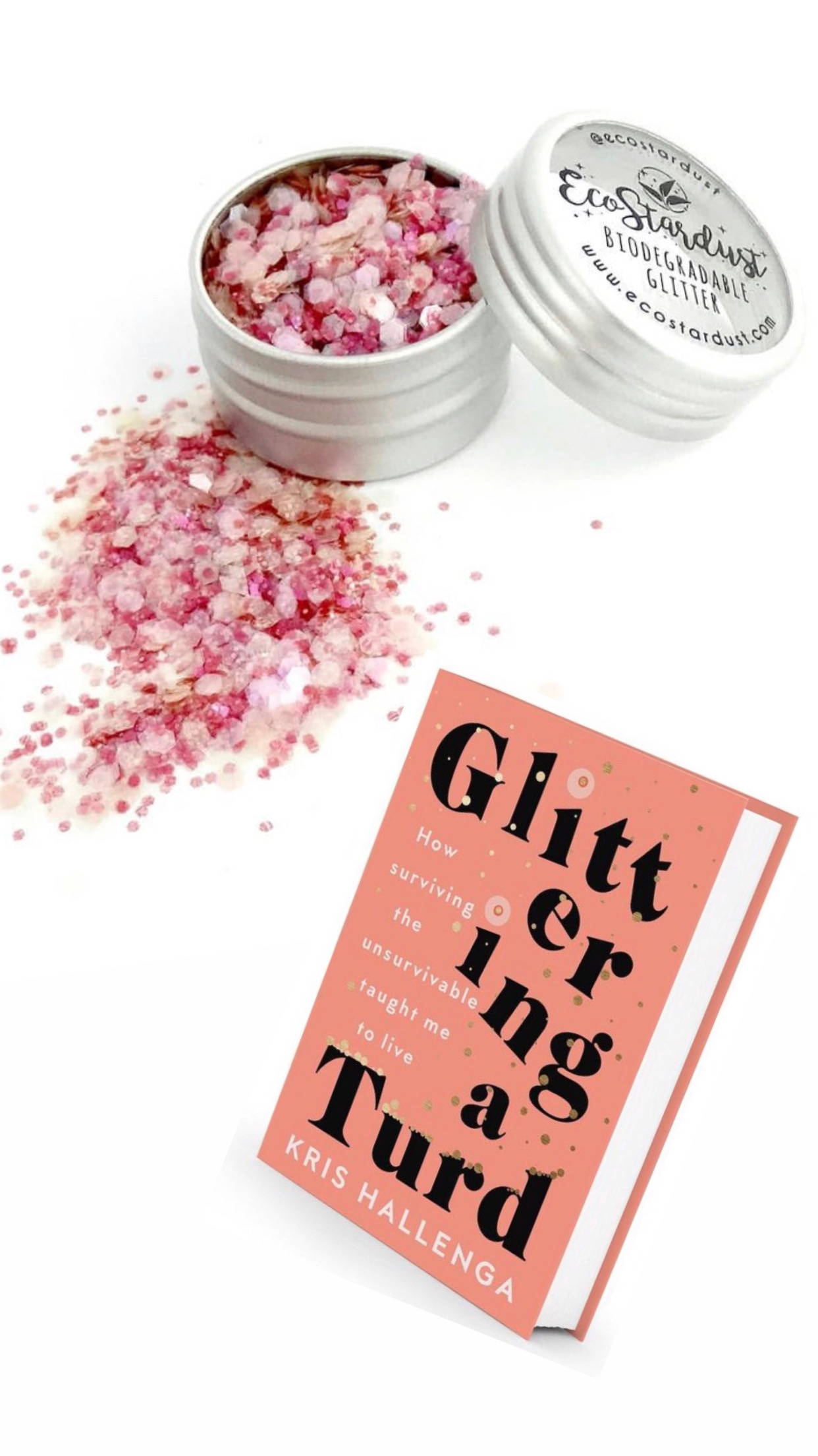 Image shows a pot of the new Glittering a Turd glitter blend which is pink and pearlescent. Image also shows a picture of Kris Hallenga's new book Glittering a Turd.