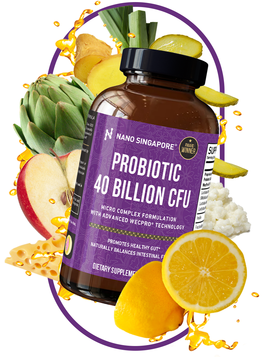 A bottle of Nano Singapore's best probiotic supplement surrounded by fruit