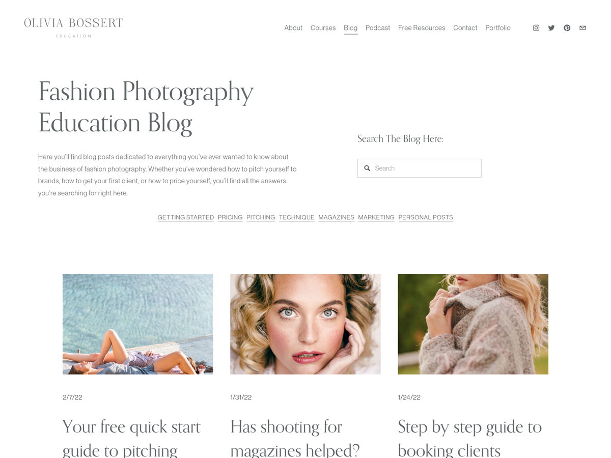 Screenshot of Olivia Bossert Photography, from the blog design examples collection.