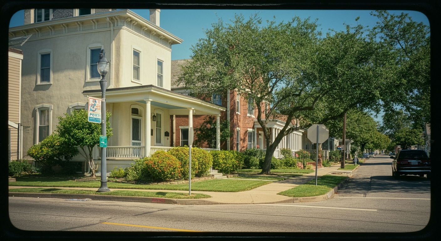 A photographic style image of A peaceful residential street corner in the Historic Jefferson neighborhood, featuring characteristic architecture and established landscaping that showcases Lafayette's charm. high focus, sharp, lots of bright light, extra bright, highly detailed, high quality, dslr, film grain, fujifilm XT3, RAW photo, RAW candid cinema, color graded porta 400, depth of field, hyper realistic, natural-looking, expressive, textured skin, texture, 8k, photorealistic