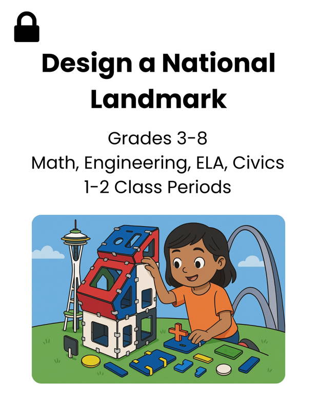 Image of a student constructing a model landmark using a 3DuxDesign cardboard and connector STEM kit, illustrating a project-based learning activity that blends math, engineering, civics, and literacy. Ideal for grades 3–8 classrooms looking for engaging STEM education resources tied to national landmarks and real-world design challenges.
