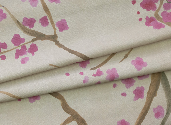Cream & Red Cherry Blossom Linen-Cotton Fabric Pattern Image