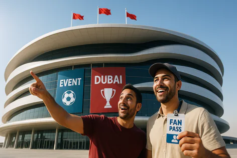 Two excited men with a 'Fan Pass' stand in front of a modern arena displaying 'Event' and 'Dubai' banners and flags. One points towards the building.